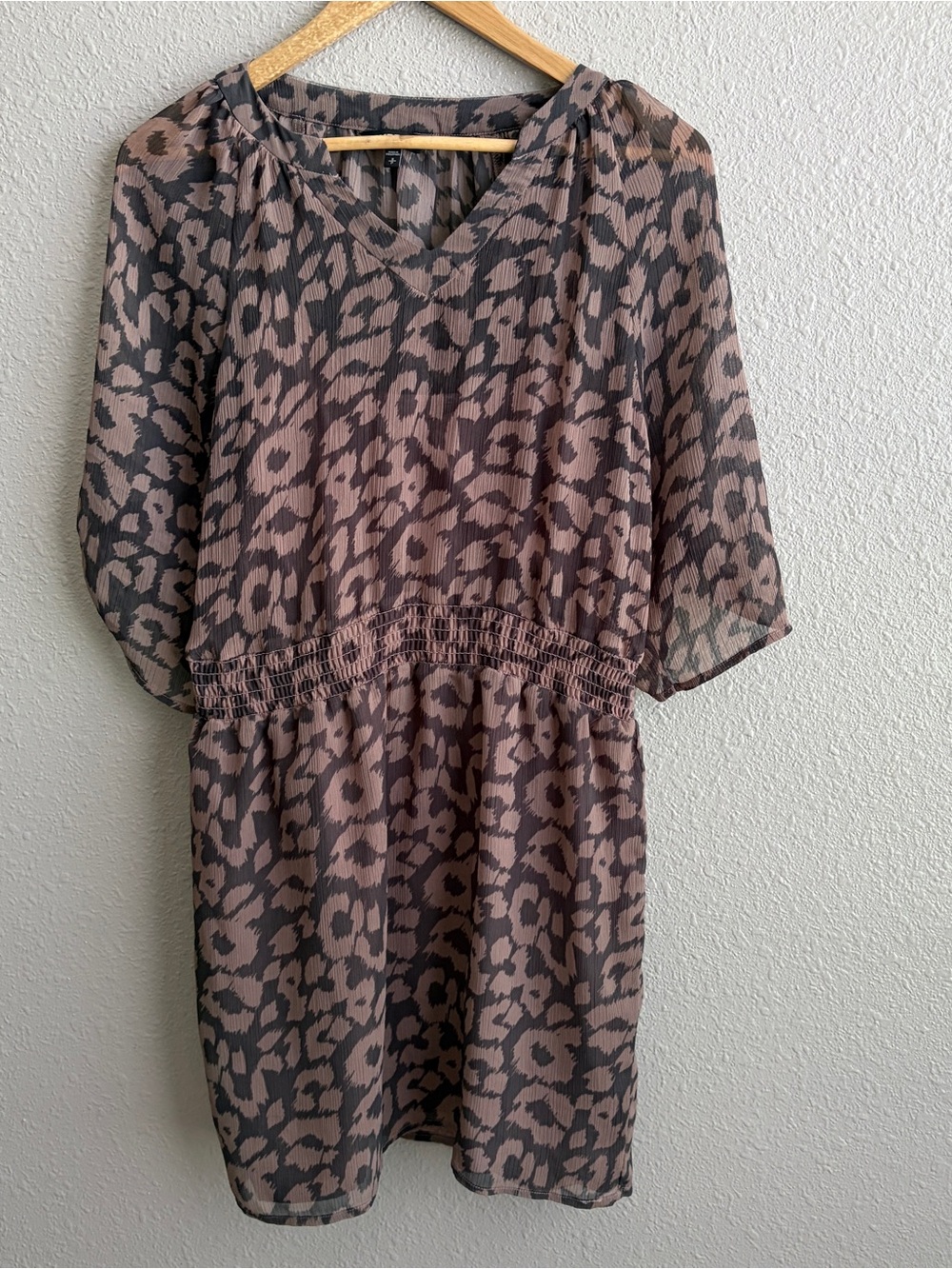 Express Sheer Brown Tan Animal Print 3/4 Sleeve Dress With Slip Lined
